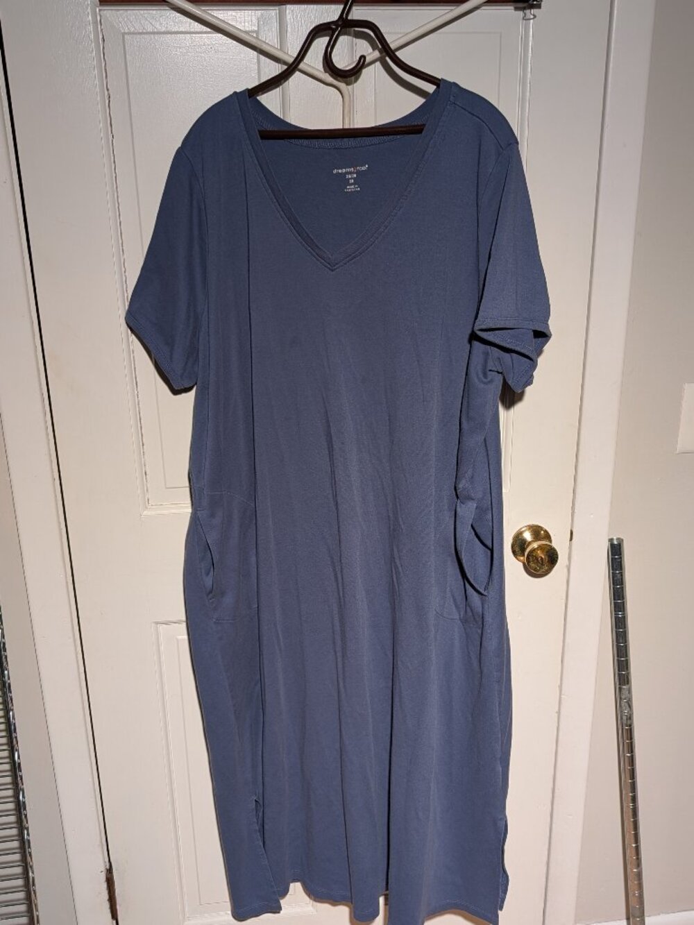 Dreams & Co. Plus Size Blue V-Neck Pocket T-Shirt Dress - 2X